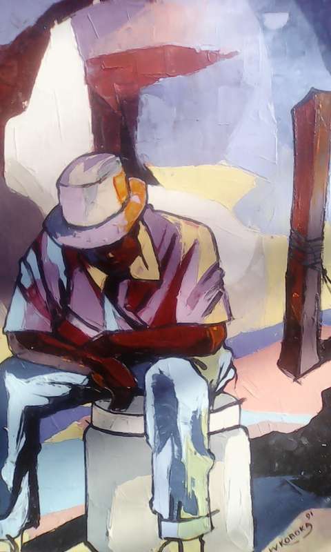 WELCOME MANDLA KOBOKA 1941-1994(OIL ON BOARD)ENTITLED ''A NAP AFTER LONG DAY AT WORK.