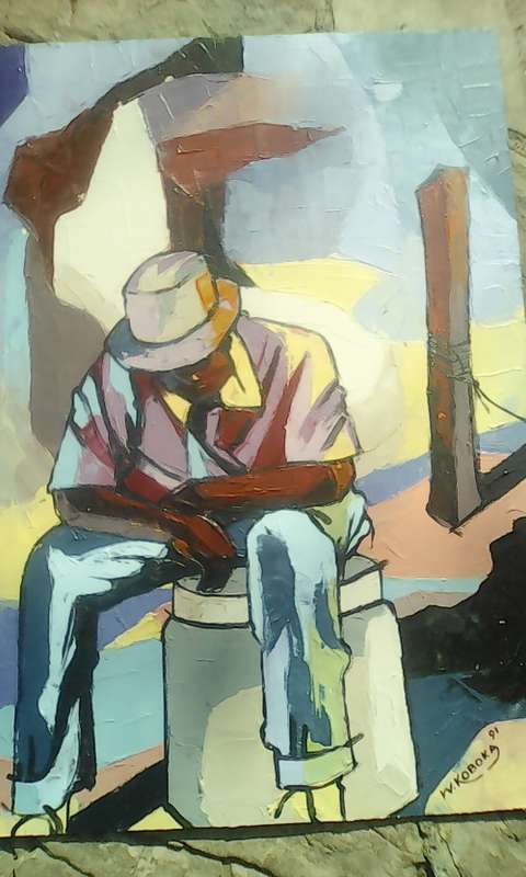 WELCOME MANDLA KOBOKA 1941-1994(OIL ON BOARD)ENTITLED ''A NAP AFTER LONG DAY AT WORK.
