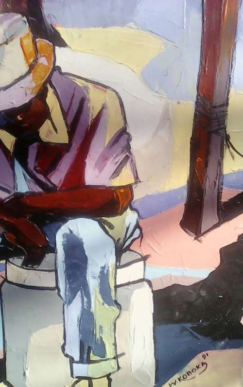 WELCOME MANDLA KOBOKA 1941-1994(OIL ON BOARD)ENTITLED ''A NAP AFTER LONG DAY AT WORK.
