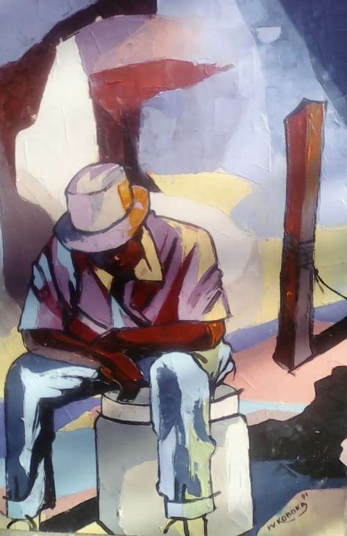 WELCOME MANDLA KOBOKA 1941-1994(OIL ON BOARD)ENTITLED ''A NAP AFTER LONG DAY AT WORK.