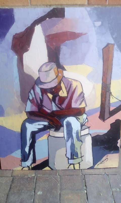 WELCOME MANDLA KOBOKA 1941-1994(OIL ON BOARD)ENTITLED ''A NAP AFTER LONG DAY AT WORK.