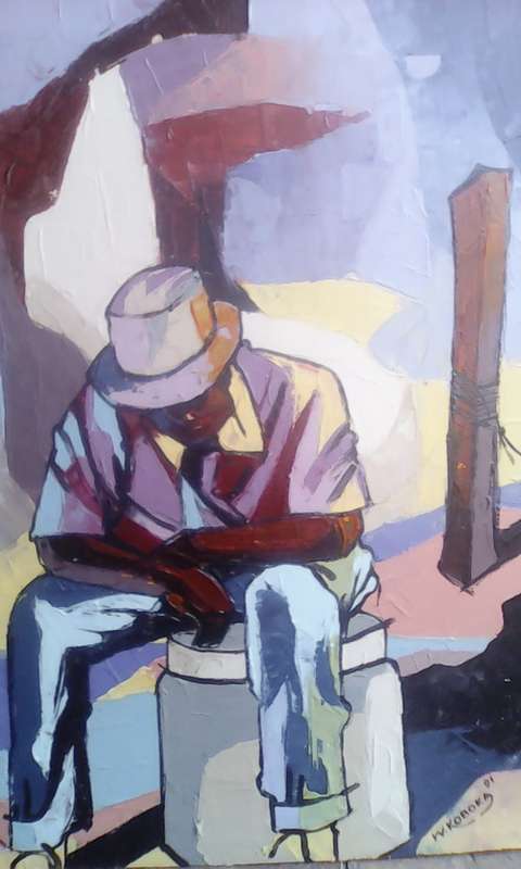 WELCOME MANDLA KOBOKA 1941-1994(OIL ON BOARD)ENTITLED ''A NAP AFTER LONG DAY AT WORK.