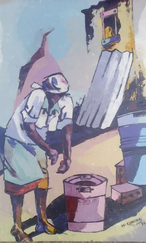 master welcome mandla koboka 1941-1994 '''the water carrier''' 84cm x 70cm