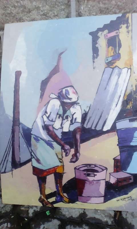master welcome mandla koboka 1941-1994 '''the water carrier''' 84cm x 70cm