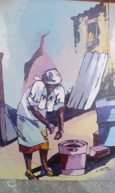 master welcome mandla koboka 1941-1994 '''the water carrier''' 84cm x 70cm