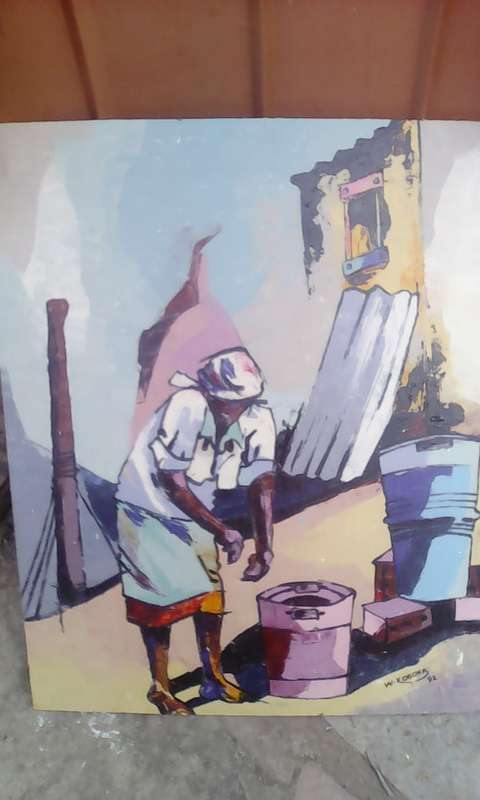 master welcome mandla koboka 1941-1994 '''the water carrier''' 84cm x 70cm