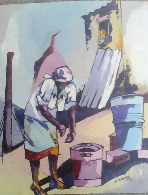 master welcome mandla koboka 1941-1994 '''the water carrier''' 84cm x 70cm