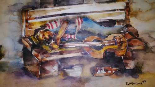 MASTER EPHRAIM NGATANE, 1938 - 1971, WATER COLOUR ON PAPER 42X30 CM