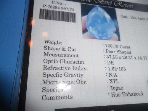 HUGE 120.70 carat Earth mined TOPAZ Pear cut BLUE TOPAZ CERTIFIED