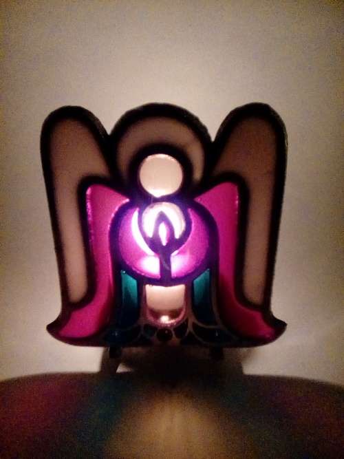 VINTAGE TIFFANY STYLE GLO-CANDLE (METAL AND RED,GREEN WHITE ND YELLOW GLASS)