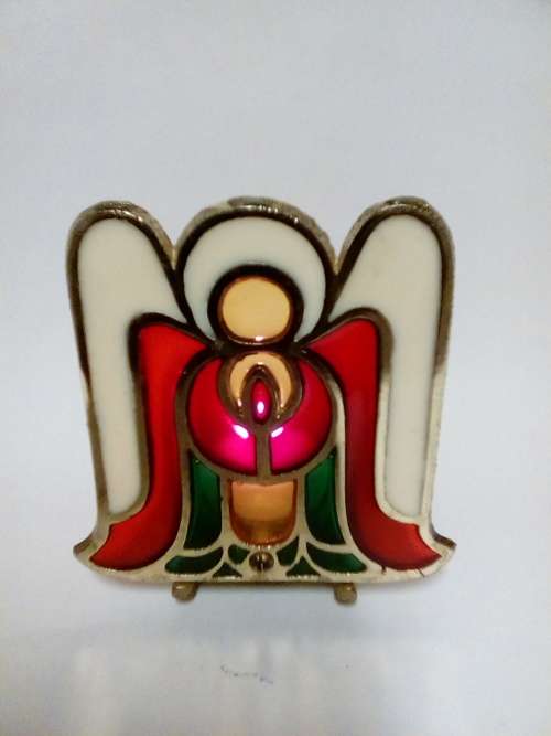 VINTAGE TIFFANY STYLE GLO-CANDLE (METAL AND RED,GREEN WHITE ND YELLOW GLASS)