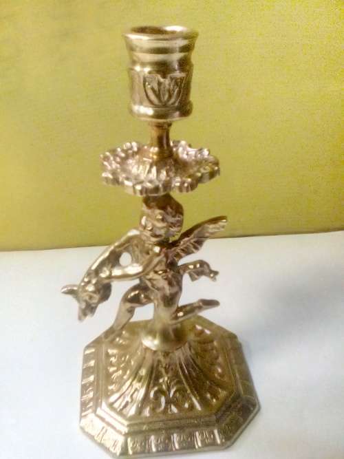 SOLID BRASS HIGHLY DETAILED ANGEL ON CANDLE STAND HOLDER