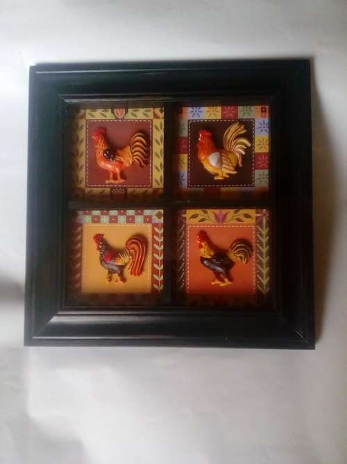 FOUR ROOSTERS ON WOODEN FRAME WITH GLASS FRONT