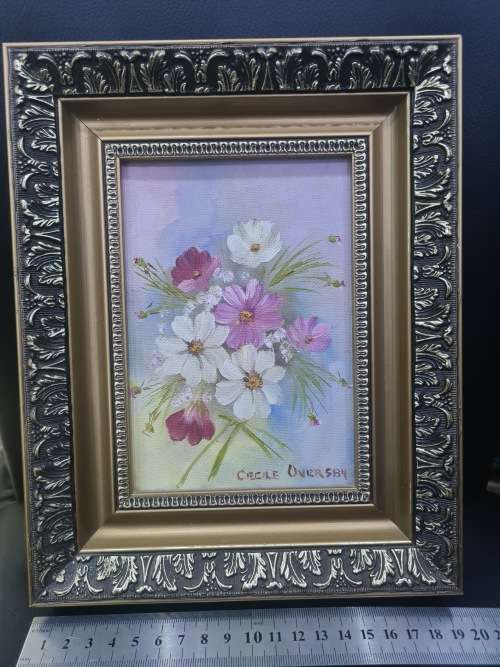 STUNNING FLORAL OIL ON BOARD BY CECILE OVERSBY..BEAUTIFUL WOODEN FRAME
