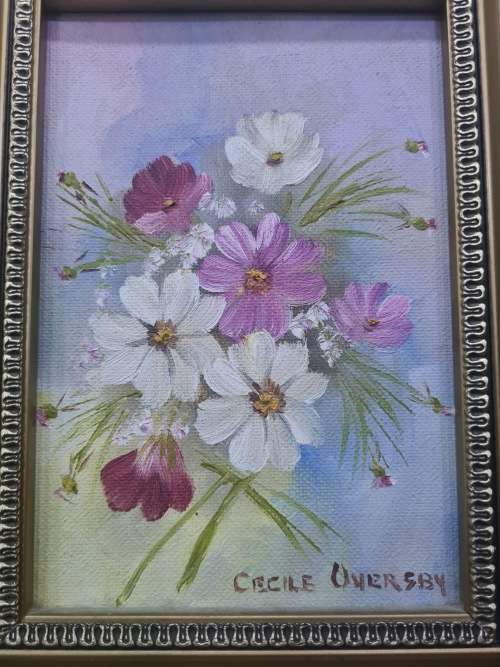 STUNNING FLORAL OIL ON BOARD BY CECILE OVERSBY..BEAUTIFUL WOODEN FRAME