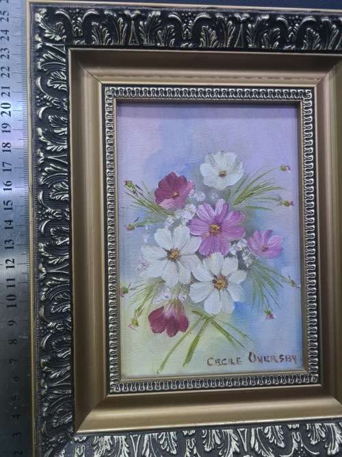 STUNNING FLORAL OIL ON BOARD BY CECILE OVERSBY..BEAUTIFUL WOODEN FRAME
