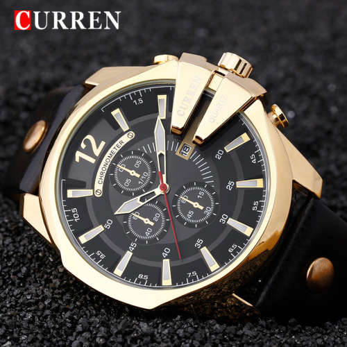 CURREN 8176 Chronometer Quartz Date Watch. Leather Band. Scrape-guard