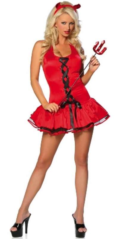 Sexy Devil Costume includes Lace-Up Mini Dress with Built In Petticoat