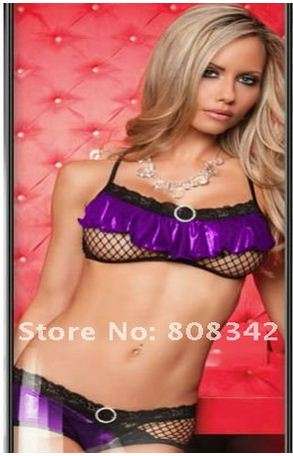 Sexy Lingerie Fishnet Bra & Hot Pants - Black / Purple