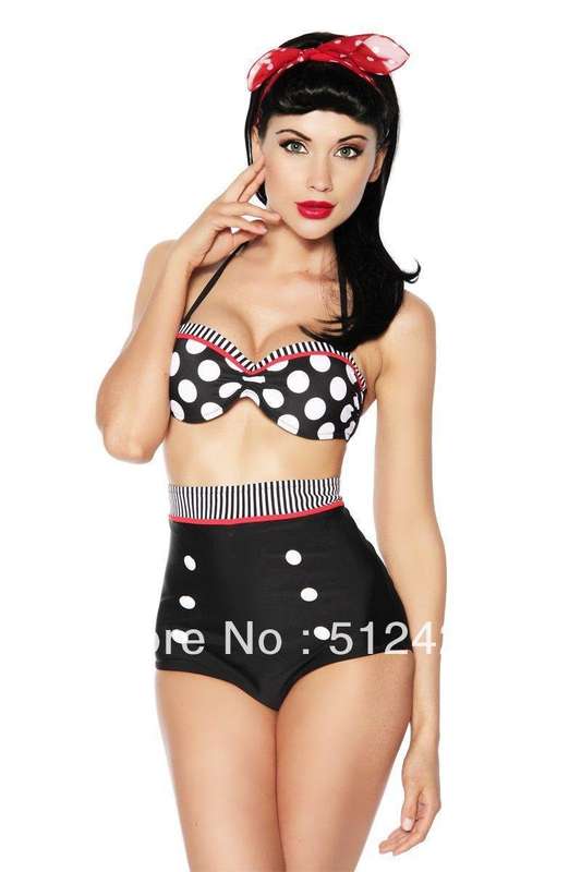 Black & White Retro High Waist Swimsuit - Sizes: S--L-XL