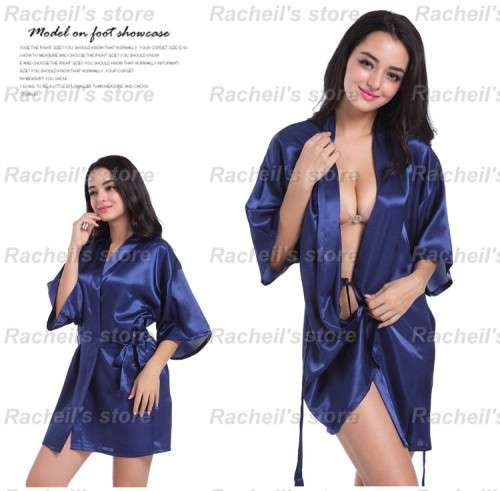 Satin gown wedding Satin robe sleeping gown sleeping robe short Navy#local stock#