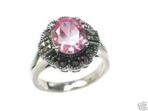 Stunning pink sapphire and marcasite sterling silver ring.
