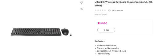 **BARGAIN BUY** DEMO ULTRALINK WIRELESS KEYBOARD & MOUSE SET -WORTH R350 -GRAB IT @ JUST R149!!!!