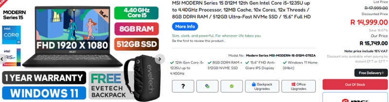 **BARGAIN BUY** MSI MODERN 15 LATEST 12th GEN i5, 8GB RAM, 512GB SSD -WORTH R15k -GRAB IT@R7999!!!!!