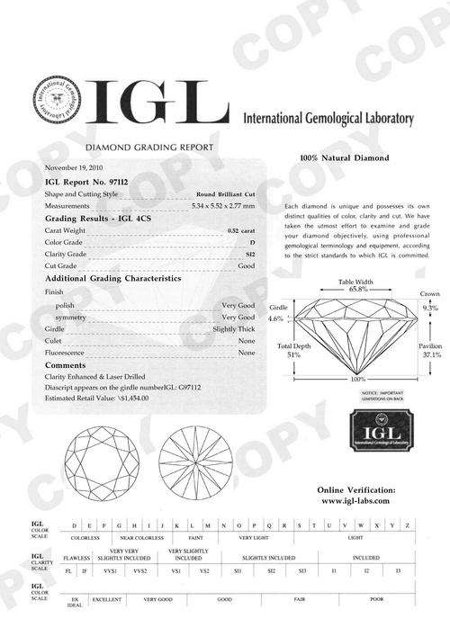 JUST JEWELS - IGL CERTIFIED DIAMOND  - LASER INSCRIBED (0.52 Ct - D, SI2-  CUT GRADE - GOOD)