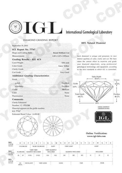 IGL CERTIFIED DIAMOND - LASER INSCRIBED (0.34 Ct - Cape Yellow, SI2, - CUT GRADE - VERY GOOD)