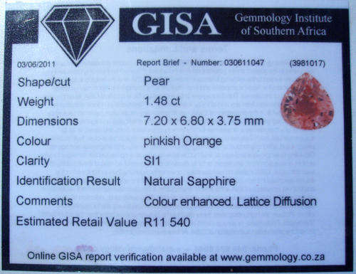 GISA CERTIFIED (Value R 11,540) -  DELIGHTFUL PADPARADSHA SAPPHIRE - (1.47 Ct)