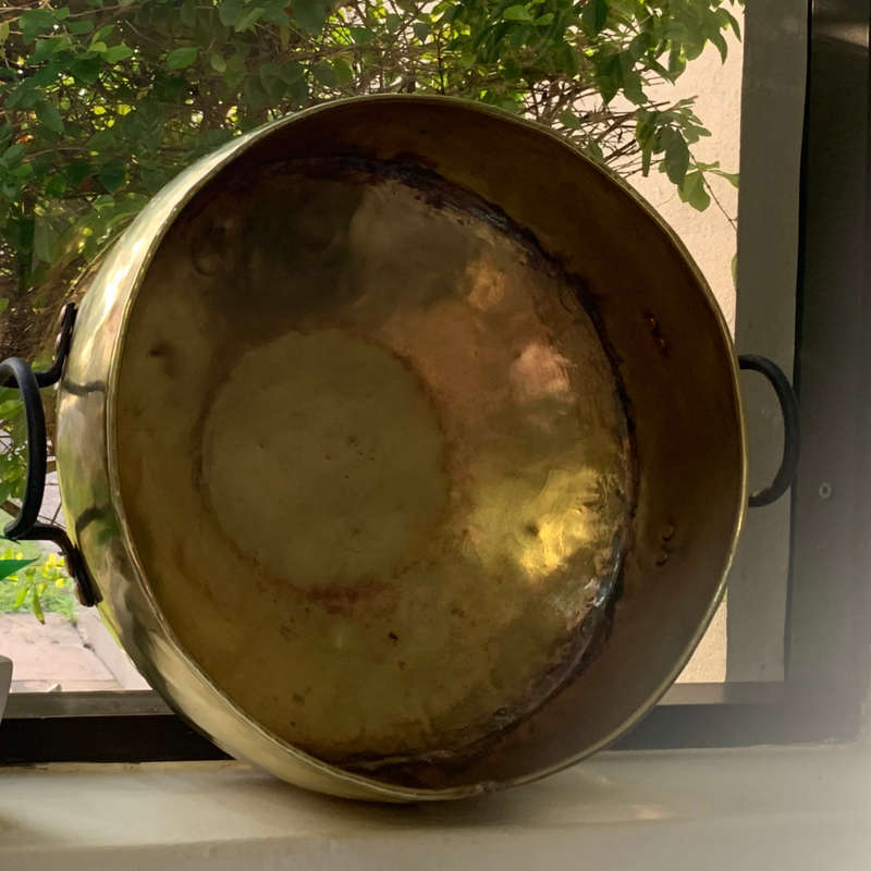 Reduced! 38cm Large Antique Hammered Brass & Copper Pot With Studded Handles, Cauldron/Candy Apple