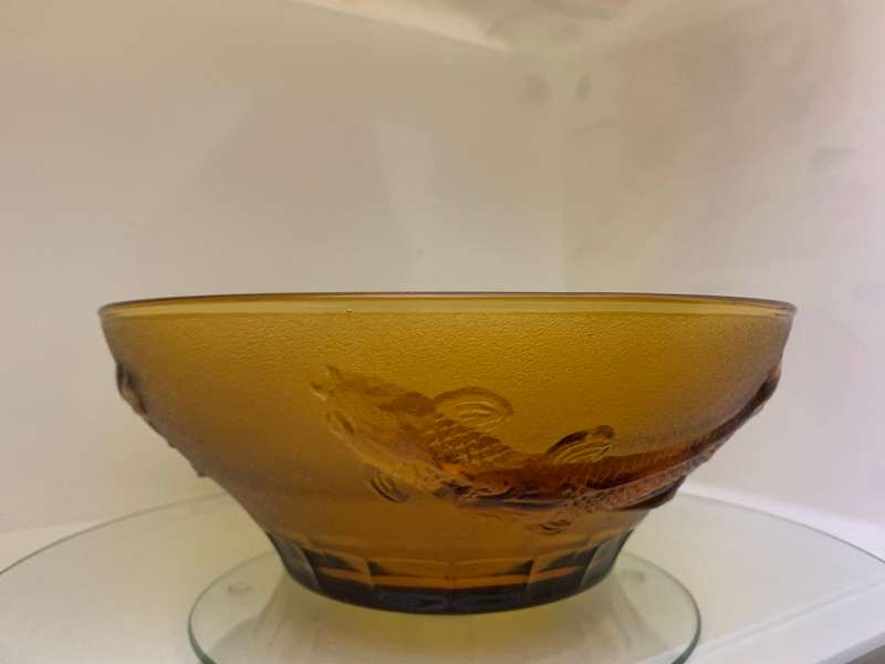 Large 26cm Amber Glass Salad Bowl with Koi Fish, Embossed, Amber Large Serving Bowl, Depression
