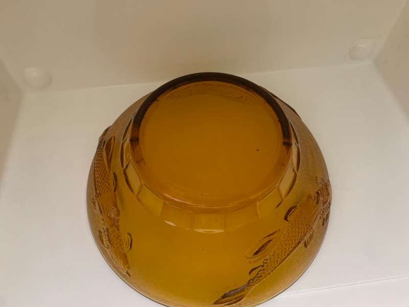 Large 26cm Amber Glass Salad Bowl with Koi Fish, Embossed, Amber Large Serving Bowl, Depression