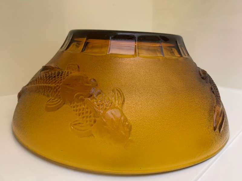 Large 26cm Amber Glass Salad Bowl with Koi Fish, Embossed, Amber Large Serving Bowl, Depression