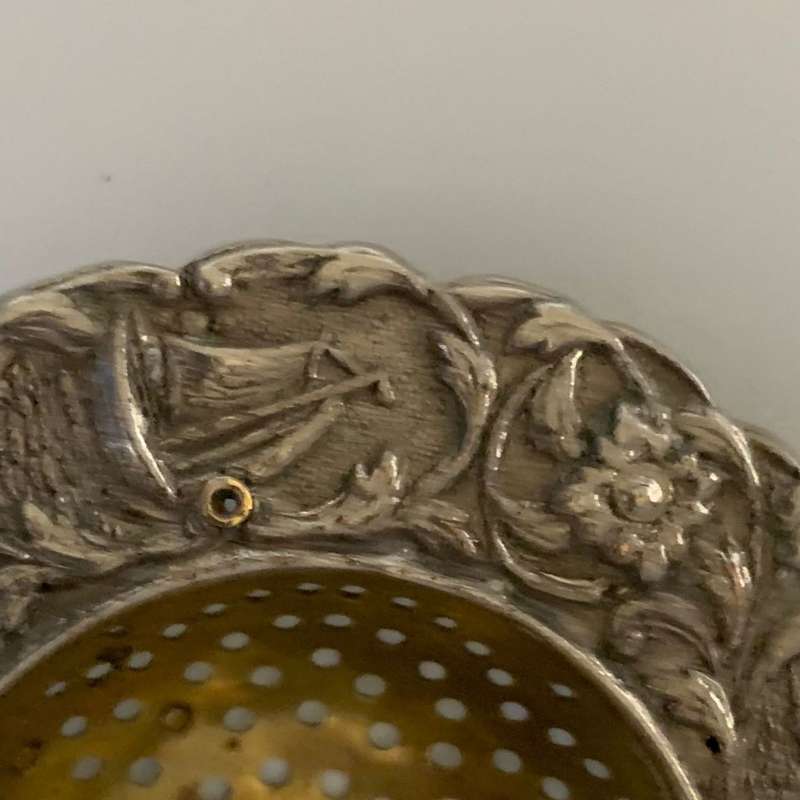 Vintage Dutch Silver Plated Tea Strainer with Ornate Canal Scene and Sailing Ship Handle c.1935