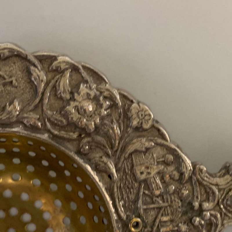 Vintage Dutch Silver Plated Tea Strainer with Ornate Canal Scene and Sailing Ship Handle c.1935