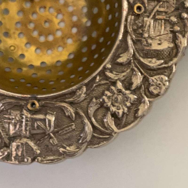 Vintage Dutch Silver Plated Tea Strainer with Ornate Canal Scene and Sailing Ship Handle c.1935