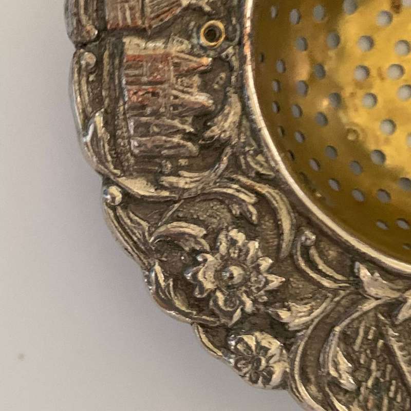 Vintage Dutch Silver Plated Tea Strainer with Ornate Canal Scene and Sailing Ship Handle c.1935
