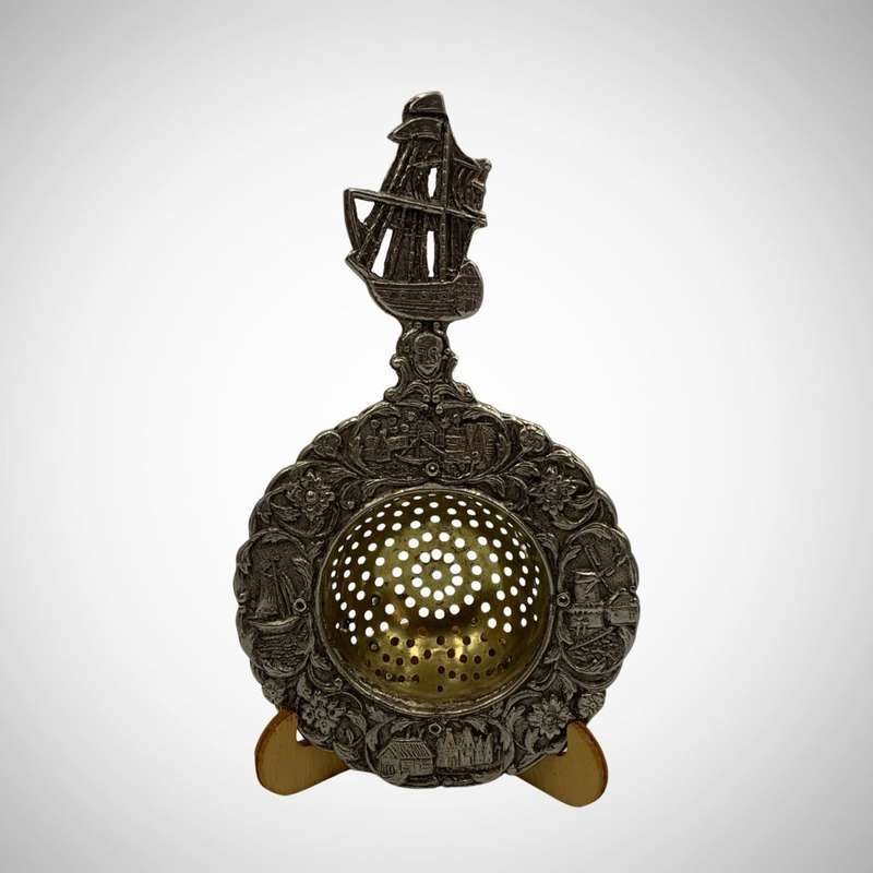 Vintage Dutch Silver Plated Tea Strainer with Ornate Canal Scene and Sailing Ship Handle c.1935