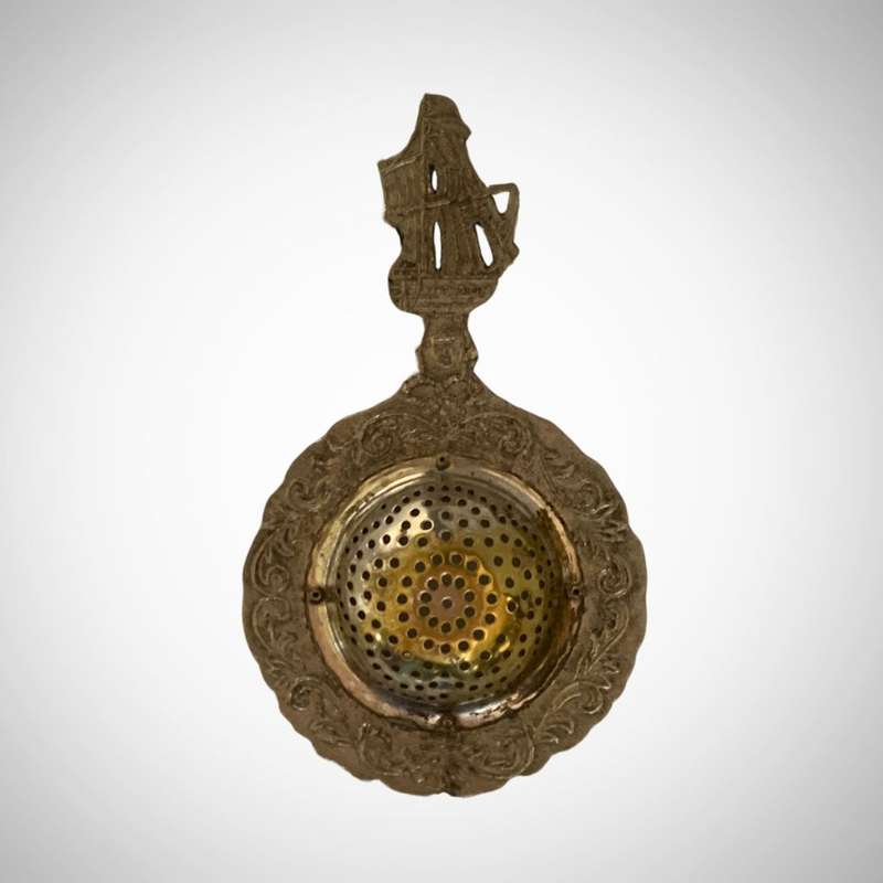 Vintage Dutch Silver Plated Tea Strainer with Ornate Canal Scene and Sailing Ship Handle c.1935