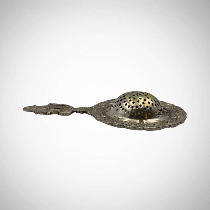 Vintage Dutch Silver Plated Tea Strainer with Ornate Canal Scene and Sailing Ship Handle c.1935