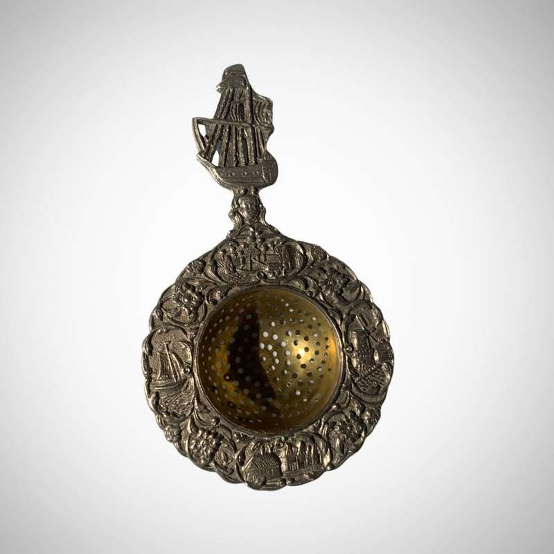Vintage Dutch Silver Plated Tea Strainer with Ornate Canal Scene and Sailing Ship Handle c.1935