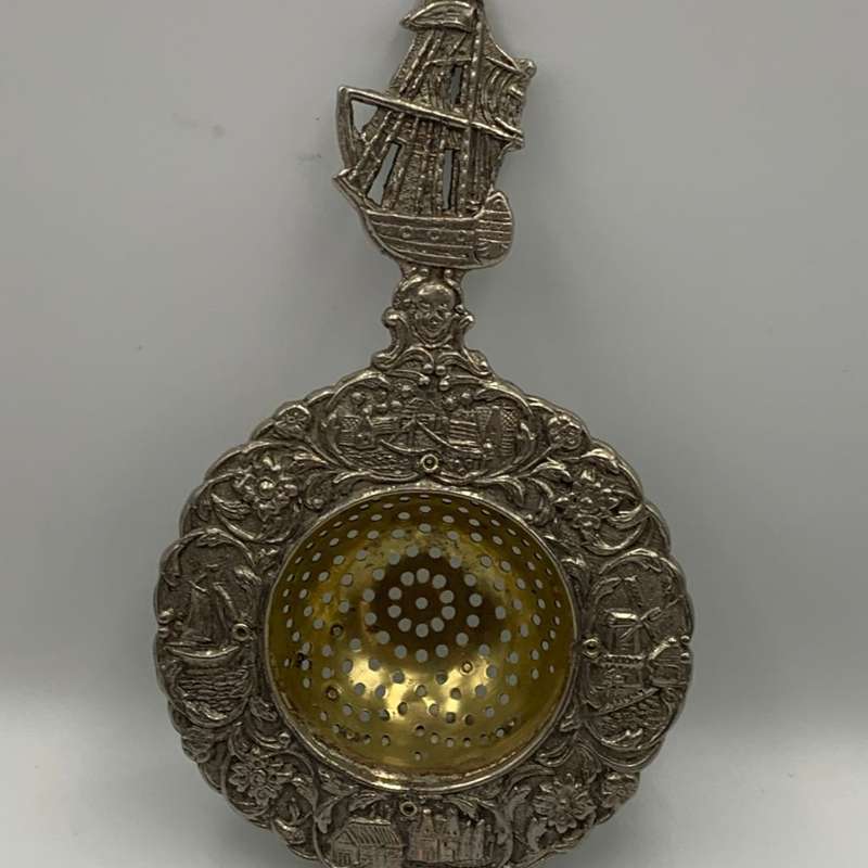 Vintage Dutch Silver Plated Tea Strainer with Ornate Canal Scene and Sailing Ship Handle c.1935