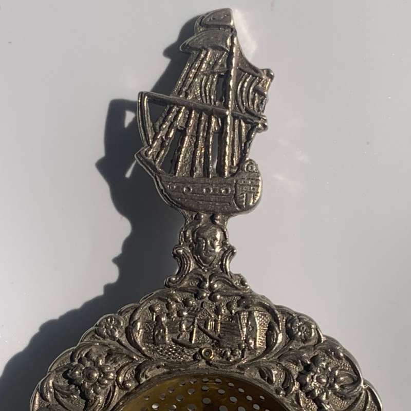 Vintage Dutch Silver Plated Tea Strainer with Ornate Canal Scene and Sailing Ship Handle c.1935