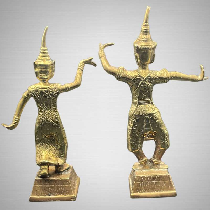 Reduced! Antique Thai or Chinese Asian Pair of Temple Dancers Bronze Brass-Qing, Buddha Theme