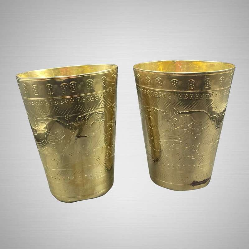 Vintage Hand-Engraved North Indian Brass Islamic Mughal Tumblers - Peacock Motif