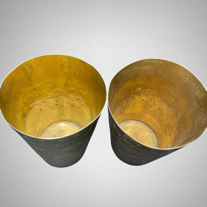 Vintage Hand-Engraved North Indian Brass Islamic Mughal Tumblers - Peacock Motif