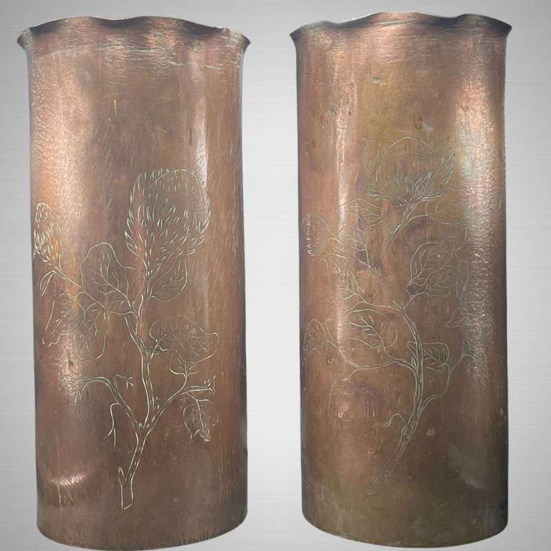 Large Antique Copper Cylinder Vases with Protea Flower Motif - Set of 2