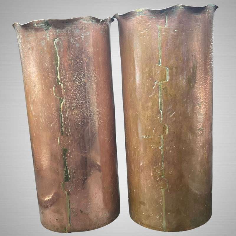 Large Antique Copper Cylinder Vases with Protea Flower Motif - Set of 2